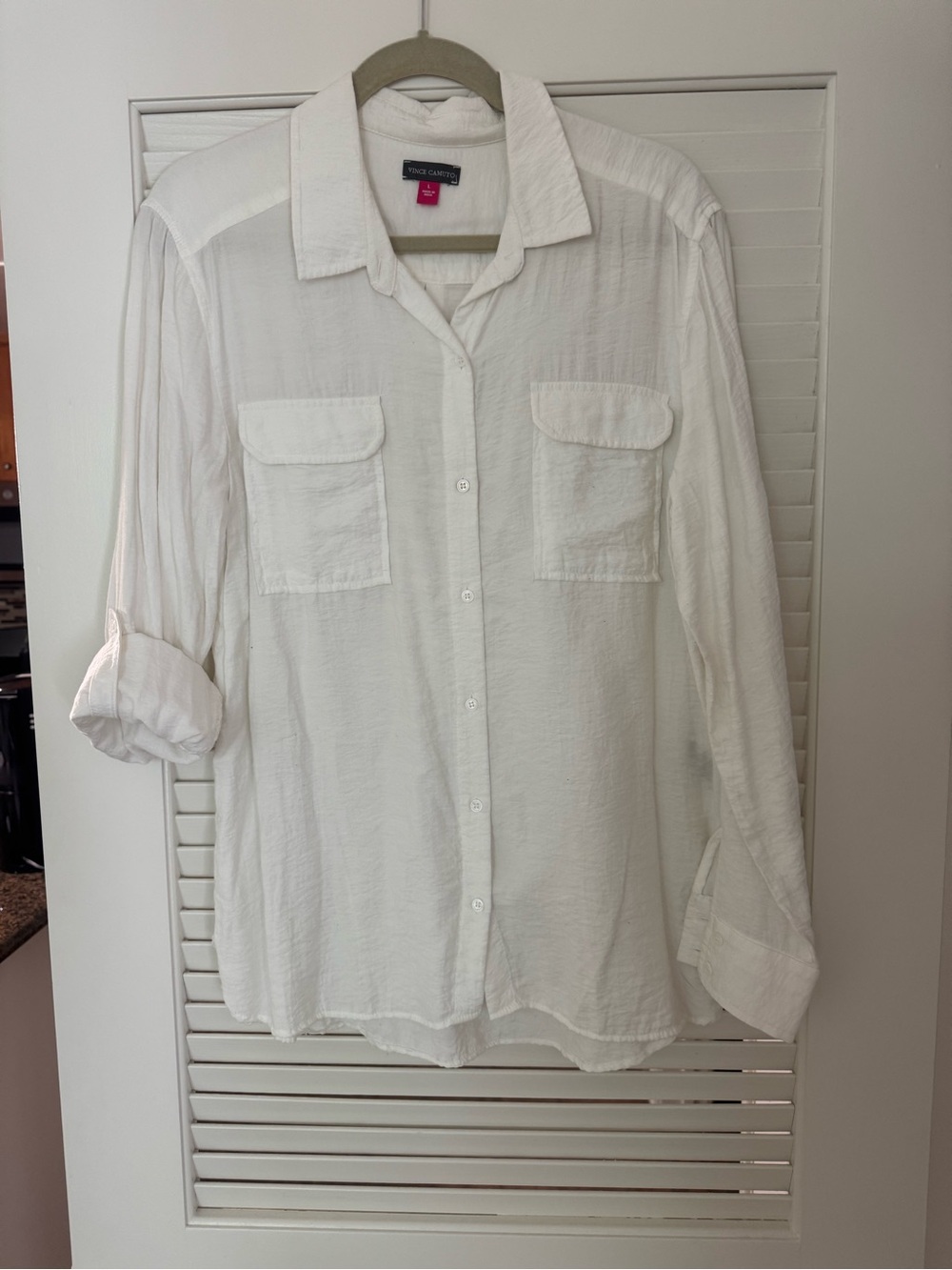 Vince Camuto White Button-Up Utility Shirt with Chest Pockets